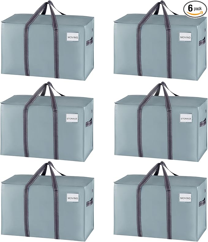 VENO 6 Pack Moving Bags, Heavy Duty, Moving Boxes Alternative, Packing Storage Supplies for Dorm Room Essentials with Zipper for Clothes, Extra Large Totes for Packaging (Light Blue Matte, 6 Pack)