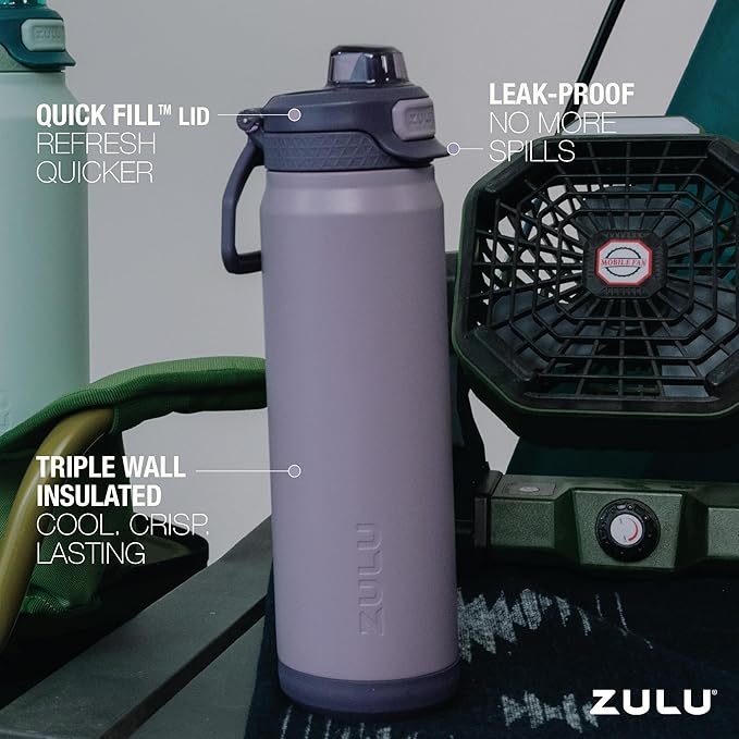 ZULU Powerfill Pro 24oz Stainless Steel Water Bottle with Quick Fill Lid, Triple Walled Vacuum Insulated Metal, Leak Proof Locking Lid, Sip and Chug, Reusable BPA Free, Amethyst