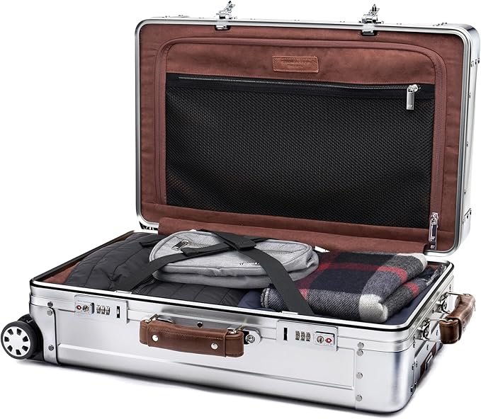 40L Cabin Travel Case – Full Aluminum Four Wheel Carry On Luggage, Italian Leather Handles