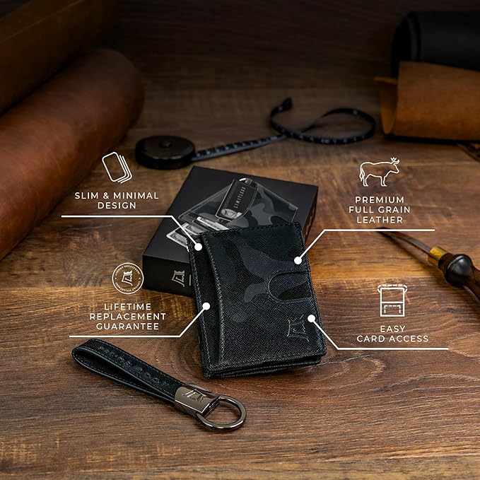 Kings Loot Money Clip Slim Minimalist Wallet for Men | RFID Blocking Leather Design with Money Clip | Front Pocket Bifold Holds 12 Cards | Stylish & Compact Wallets (Camo Black)