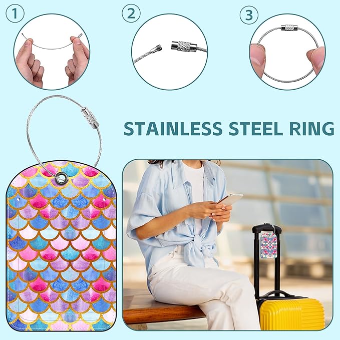 Tie-dye Fish Scale Luggage Tag for Suitcase Set of 2 PU Leather Cute Luggage Tags with Stainless Metal Loop ID Label Privacy Flap Suitcase Tags for Women and Men Travel