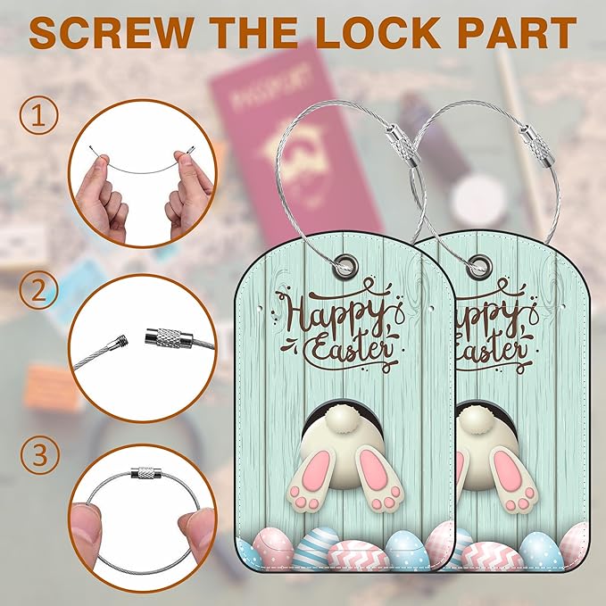 2 PCS Leather Luggage Tags for Suitcase Bunny Bottom and Easter Eggs Travel Luggage Tag with Privacy Flap Name ID Label and Metal Loop for Travel Bag Suitcase