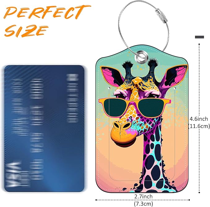 Luggage Tags for Suitcase Funny Giraffe Sunglasses 2 PCS Leather Travel Luggage Tag with Stainless Steel Loop Name ID Label Privacy Cover for Women Men Travel