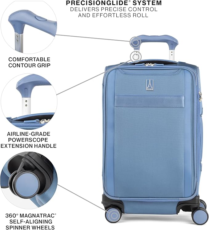 Travelpro VersaPack+ Lightweight Softside Expandable Carry on Luggage, 8 Spinner Suitcase, TSA Lock, Men and Women, Carry On 21-Inch, Elemental Blue