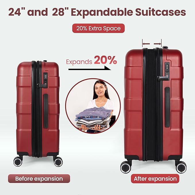 Luggage Sets 3 Piece with Spinner Wheel, Hardside Suitcase Set with TSA Lock, Expandable Lightweight Travel Luggage for Women, Red