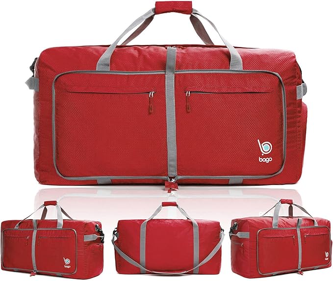 Bago Large Foldable Duffel Bags for Traveling Women & Men - 100L Packable Duffle Bag for Travel with Shoe Compartment - Water Repellant, Heavy Duty, Lightweight Folding & Collapsible (Red)
