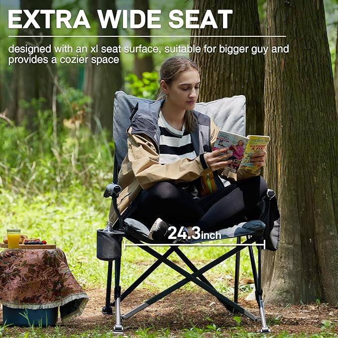 EVER ADVANCED Padded Oversized Folding Camping Chair for Adults, Heavy Duty Lawn Chair with Side Pockets, Portable Collapsible Quad Chair for Outside, Support Up to 500lbs, Grey 2Pack