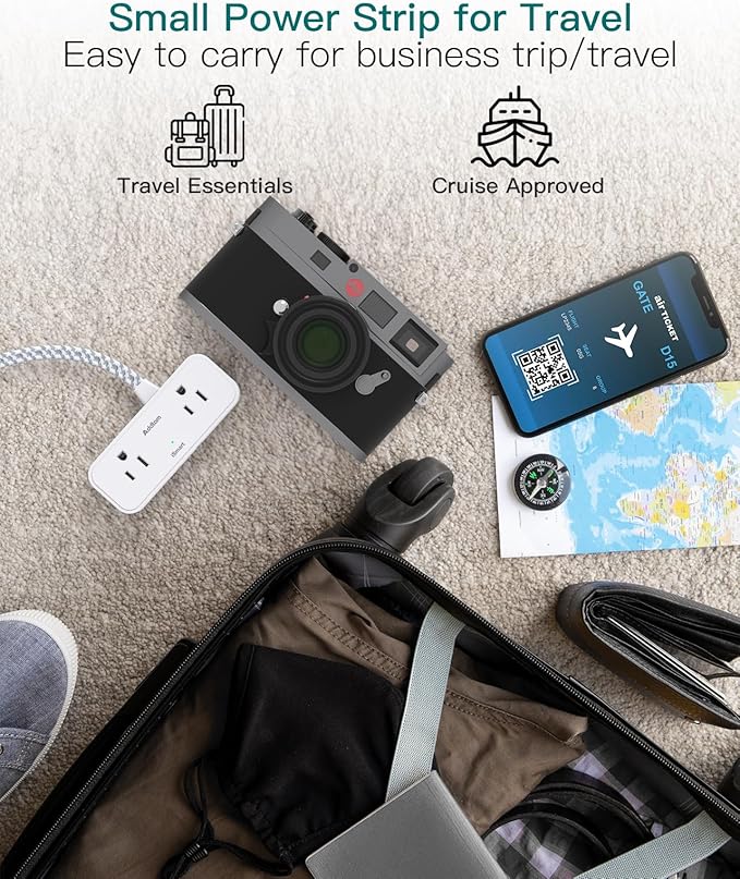 Travel Essentials, 6 Ft Power Strip with 4 Outlets and 3 USB Ports(2 USB C), Addtam Flat Plug Small Extension Cord,Non Surge Protector for Cruise Ship, Travel, Dorm Room Essentials, ETL Listed, White