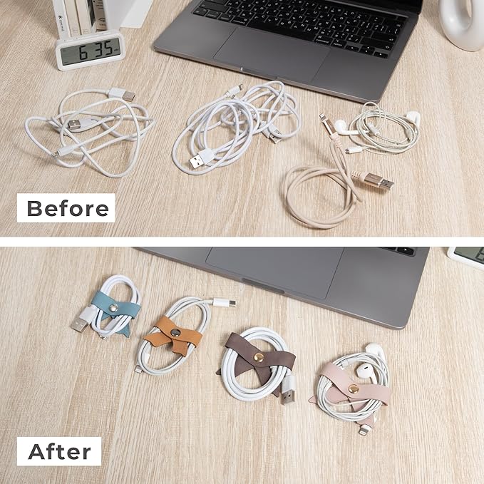 SenseAGE 5 Pack Cord Organizer, Bow Cord Keeper, Cable Organizer USB holder, Leather Cable Management, Cable Straps, Earphone winder, Storage Straps for Electronics, Earbuds (Choco Brown, Small)