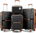 Campfun Luggage 4 Piece Sets, Expandable Carry On Luggage Set Hardshell PP, Suitcase Set with Double Spinner Wheels, Checked Durable Lightweight with TSA Lock, 14in 20in 24in 28in-Black Brown(A)