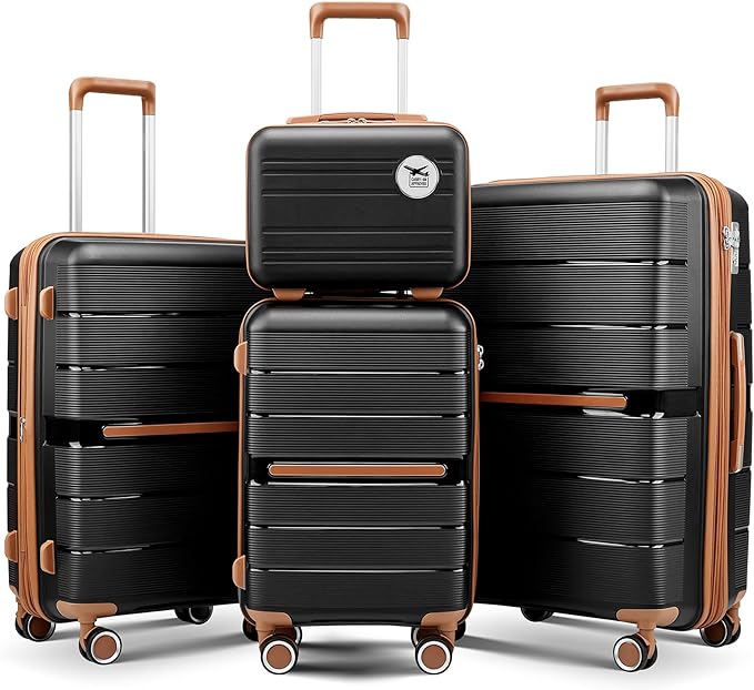 Campfun Luggage 4 Piece Sets, Expandable Carry On Luggage Set Hardshell PP, Suitcase Set with Double Spinner Wheels, Checked Durable Lightweight with TSA Lock, 14in 20in 24in 28in-Black Brown(A)