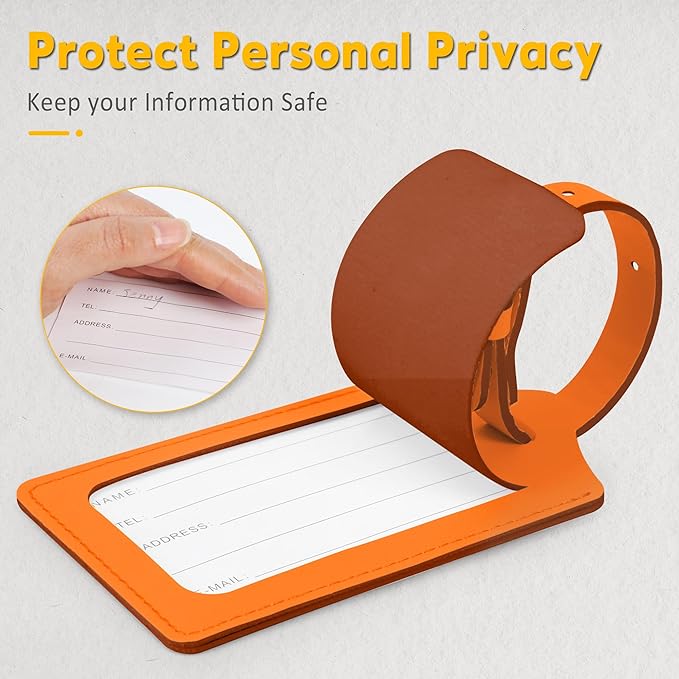 Travelambo Luggage Tags for Suitcases Faux Leather Privacy Protection 2 Pack Bag Tags Travel Accessories Essential, Hot Orange