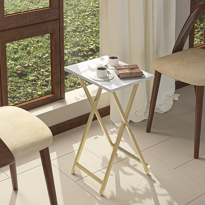 Foldable TV Trays, Small Folding Table, TV Trays Set of 2, TV Dinner Tray, Side Table for Bed, Couch, Portable Easy to Move, White & Gold