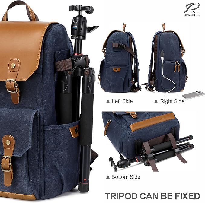 Padwa Lifestyle Blue Camera Backpack - Waxed Memory Weather Resistant Canvas Large Camera Bag,Multifunctional Dslr Camera Backpacks with Multi Cameras,Lens & 16” Laptop Compartment for Photographers