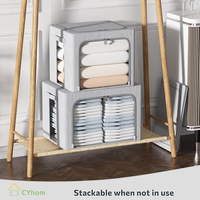 4 Pack Clothes Storage Bins with Metal Frame - Linen Fabric Foldable Stackable Container Organizer Set with Clear Window & Carry Handles & Zippers (Light Grey, 19.7"x15.7"x13")