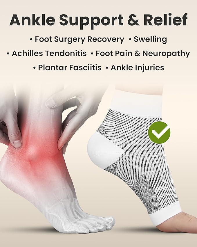 KEMFORD Ankle Compression Sleeve - Plantar Fasciitis Braces - Open Toe Compression Socks for Swelling, Sprain, Neuropathy, Foot Arch Support for Men and Women - 20-30mmhg, M, White and Black