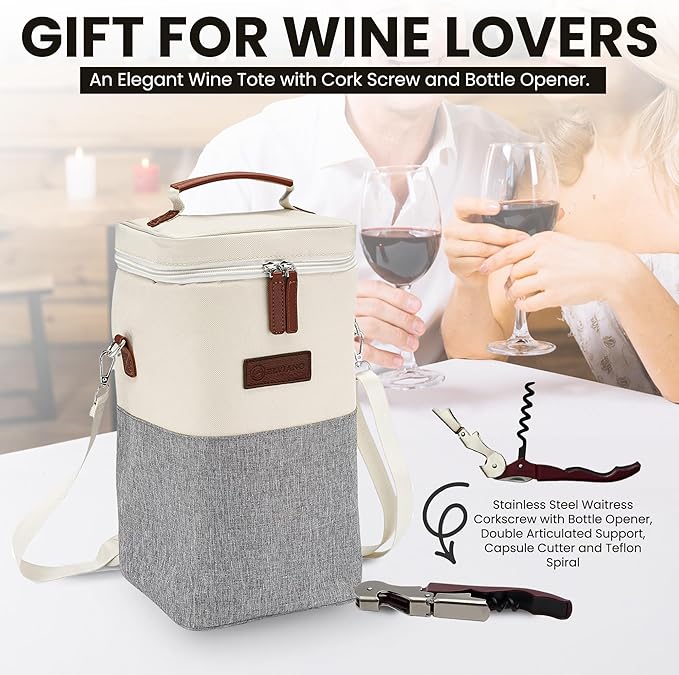 Insulated Wine Bag Cooler – Beige and Gray, Holds 4 Bottles, Wine Opener, Shoulder Strap, Expandable Zipper, 7.8 x 5 x 15 inches, Perfect for Travel & Picnic