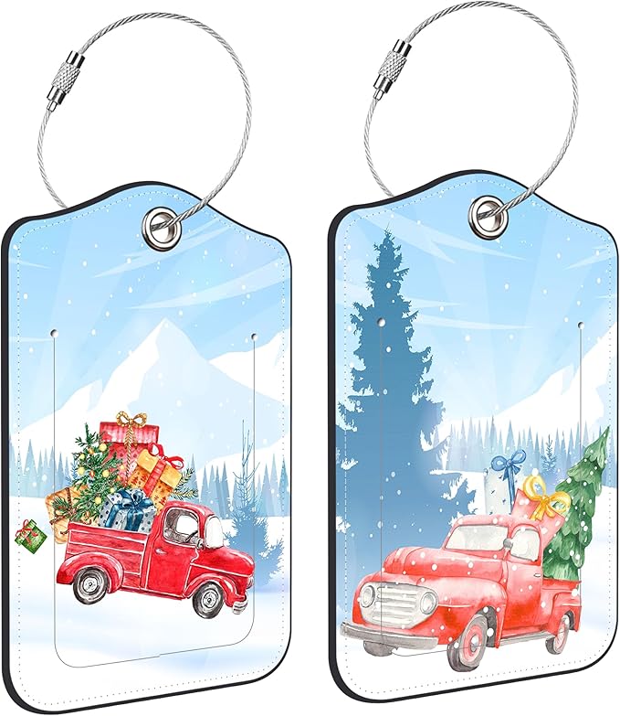 2 PCS Leather Luggage Tags for Suitcase Red Pickup Christmas Tree and Gifts Travel Luggage Tag with Privacy Flap Name ID Label and Metal Loop for Travel Bag Suitcase