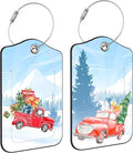 2 PCS Leather Luggage Tags for Suitcase Red Pickup Christmas Tree and Gifts Travel Luggage Tag with Privacy Flap Name ID Label and Metal Loop for Travel Bag Suitcase