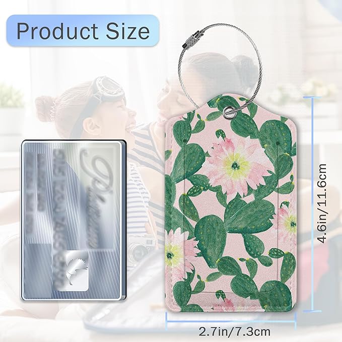 Luggage Tags for Suitcase,Watercolor Cactus Flowers Luggage Tags of Set 2 Leather Identifiers Privacy Cover with Stainless Steel Loop for Women Men Travel Bag Suitcase