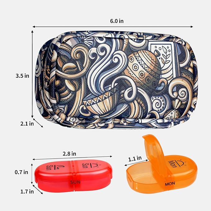 Serfeymi Weekly Travel Pill Organizer 2 Times A Day AM PM Upgraded Rainbow Pill Box 7 Day with Portable Zipper PU Leather Pill Case, Medicine Organizer for Pills, Vitamins, Fish Oils - Brown 03