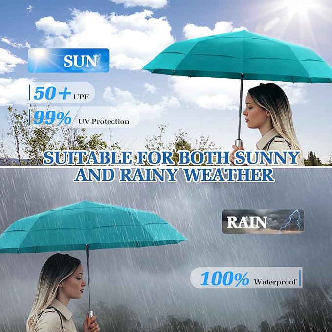 3T Wind Armor Travel Umbrella Compact Easy Auto Open Close Folding Umbrellas for Rain Windproof Umbrella for Women and Men Durable Real Wood Handle Portable Fits Backpack Car