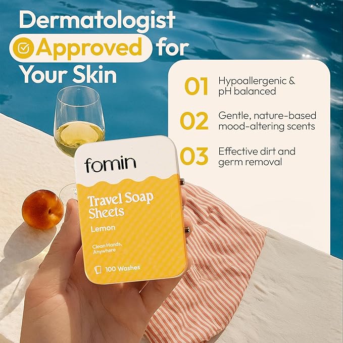 FOMIN - Antibacterial Paper Soap Sheets Tin for Traveling - (100 Sheets) Lemon Portable Travel Hand Soap Sheet, Dissolvable Mini Camping Hand Soap for Hand Washing