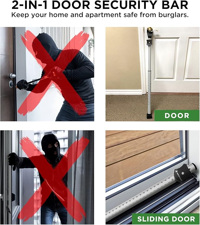 Guard Dog Security Adjustable Sliding Door Security Bar, Door Jammer 2-in-1 Adjustable Door Knob and Sliding Patio Door Stoppers Security with Alarm, 40 Different Adjustments