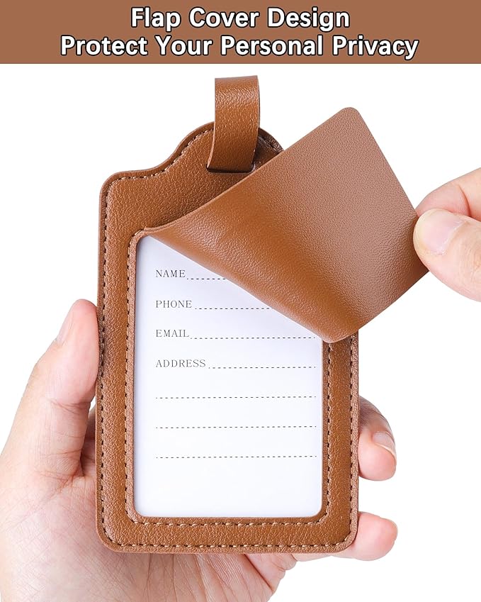Teskyer Luggage Tags for Suitcases, TSA Approved with Privacy Protection Cover, Premium Faux Leather Bag Tags for Travel - 2 Pack, Brown