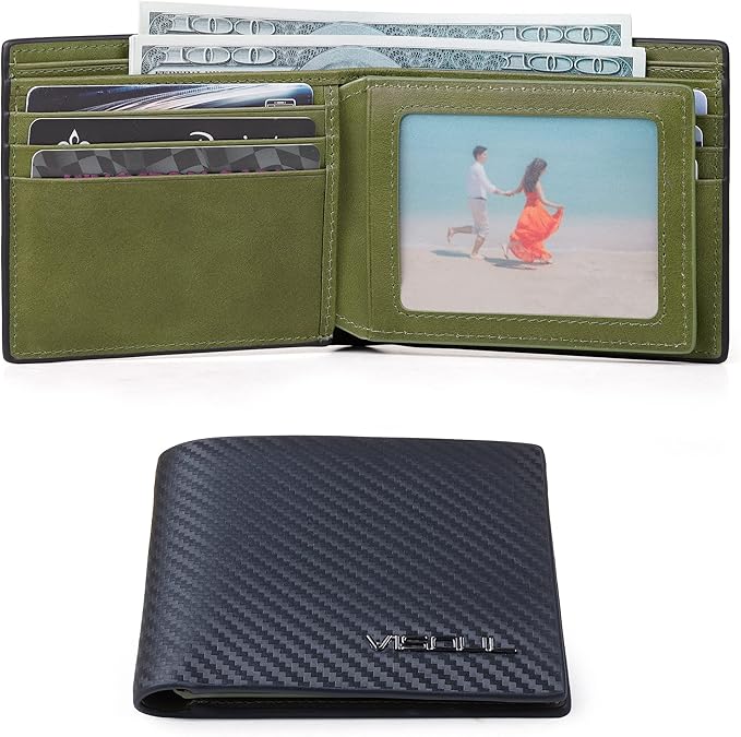 VISOUL Leather Mens Bifold RFID Blocking Wallet with 2 ID Windows, Leather Wallet for Men (Carbon Fiber, Black+Green)