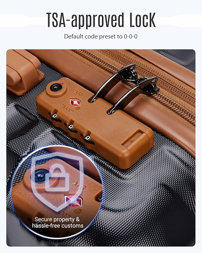 LIGHT FLIGHT Luggage Sets, 3 Piece Durable Suitcase Set with Spinner Wheels, 3 Pcs Hardside Lightweight luggage with TSA Lock, Large Checked Travel Suitcases, 20/24/28 Inch,Black/Brown