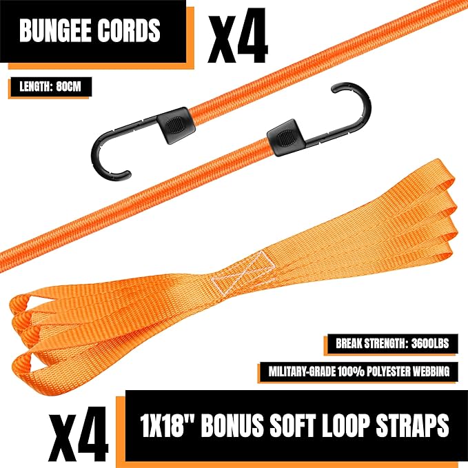 Cartman 1" x 15' Ratchet Tie Down up to 1500lbs 4pk in Carry Bag, with 18" Soft Loop Tie-Down Straps & 32" Bungee Cord