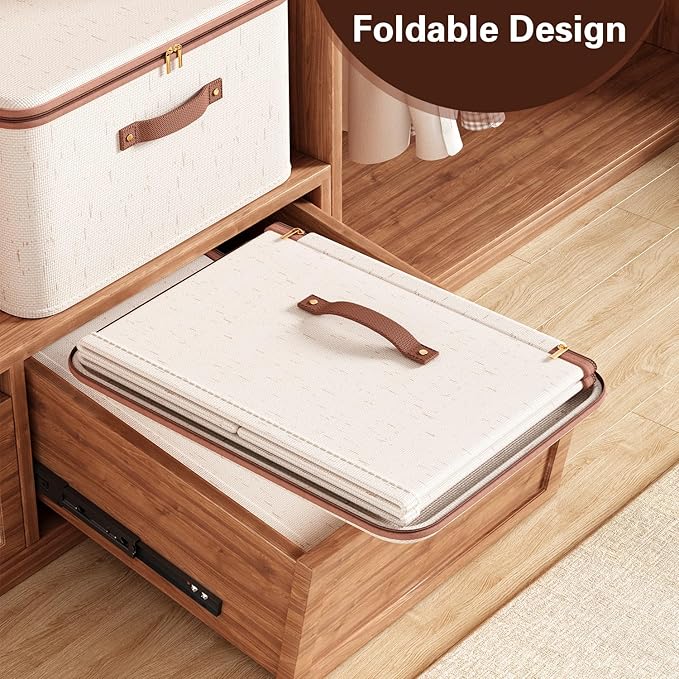 Tuza 3 Pcs Rigid Storage Bins with Zipper Lid, Cotton Linen Fabric Storage Boxes, Foldable Shelves Clothes Storage Cubes with Handles for Wardrobe, Closet(Beige, 25L)