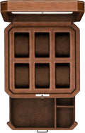 ROTHWELL 6 Slot Leather Watch Box with Valet Drawer - Luxury Case Display Organizer, Microsuede Liner, Locking Mens Jewelry Watches Holder, Men's Watch Storage Large Glass Top (Tan/Brown)