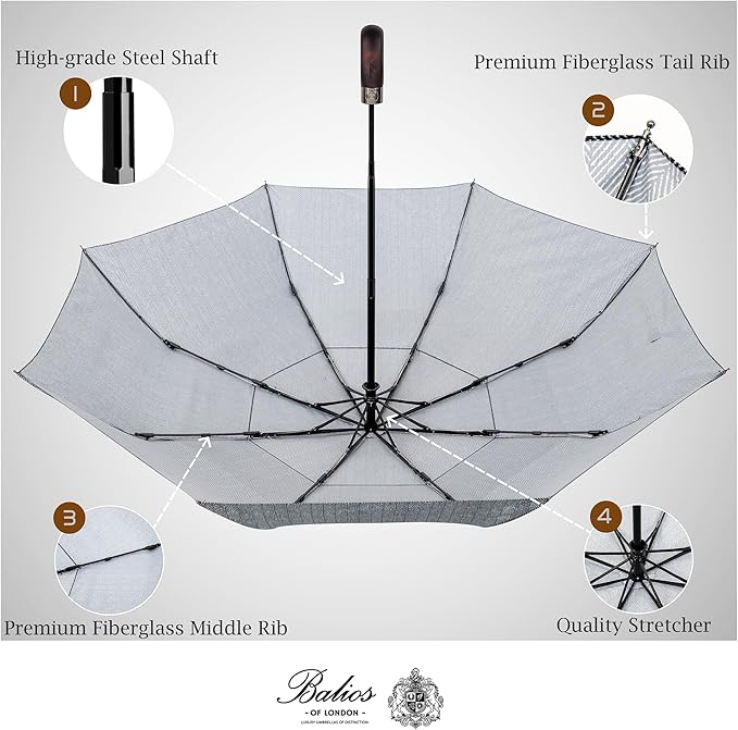Balios Travel Folding Umbrella with Real Wood Handle Auto Open Close Vented Windproof Canopy - Designed in UK