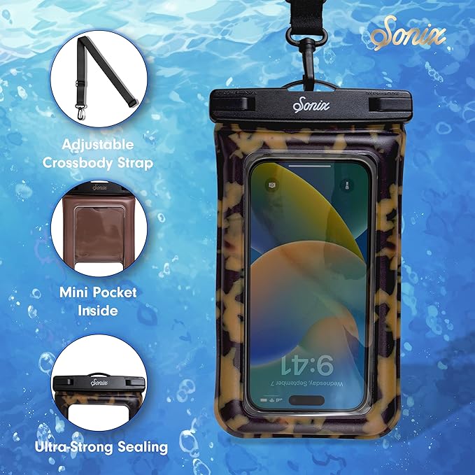 Sonix Waterproof Phone Pouch - Floating Phone Case Dry Bag w/Crossbody Lanyard - Beach Cruise Travel Essentials - Compatible w/All Devices, Touchscreen Friendly | Brown Tort