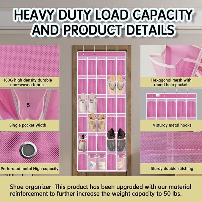 Over the Door Shoe Organizer with 30 Breathable Mesh Pockets - Large Capacity Closet Storage for Men & Women, Hanging Shoe Rack Organizer -Pink