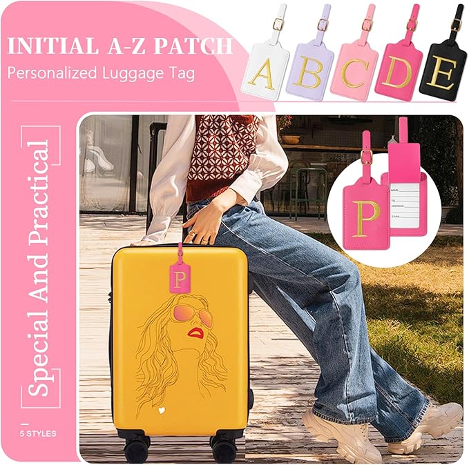 Personalized Rose Red Leather Initial Luggage Tags - Cute Embroidered Custom Monogram Tags for Suitcase, Travel Backpack