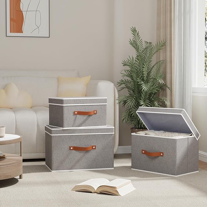 Collapsible Storage Bins with Lids, 5 Pack Linen Foldable Cloth Baskets, 15 x 9.8 x 9.8 Inch Closet Organizer Containers with Double Handles, Sweater Boxes for Bedroom, Grey