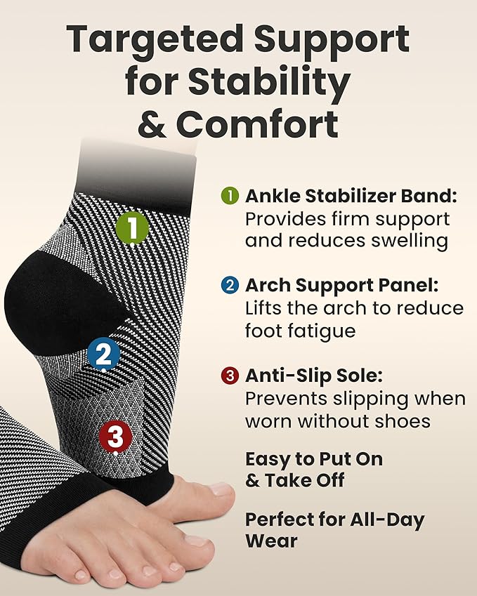 KEMFORD Ankle Compression Sleeve - Plantar Fasciitis Braces - Open Toe Compression Socks for Swelling, Sprain, Neuropathy, Foot Arch Support for Men and Women - 20-30mmhg, M, Black and White