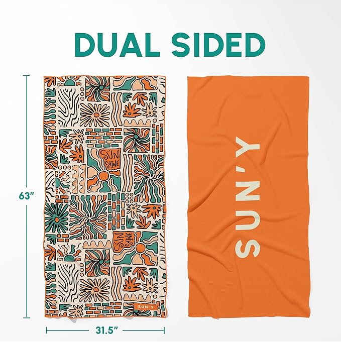 SUN'Y Beach Towel - Sand Free, Microfiber, Compact & Lightweight Travel, Quick Dry - Groovy - Large (63”x31.5”)