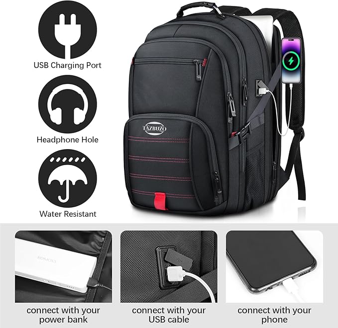 50L Travel Backpack, Extra Large Backpack, Laptop Backpack for Men, big Backpack, Water Resistant TSA Approved Business Work College School Computer Bag with USB Port, Fits 17 Inch Laptops