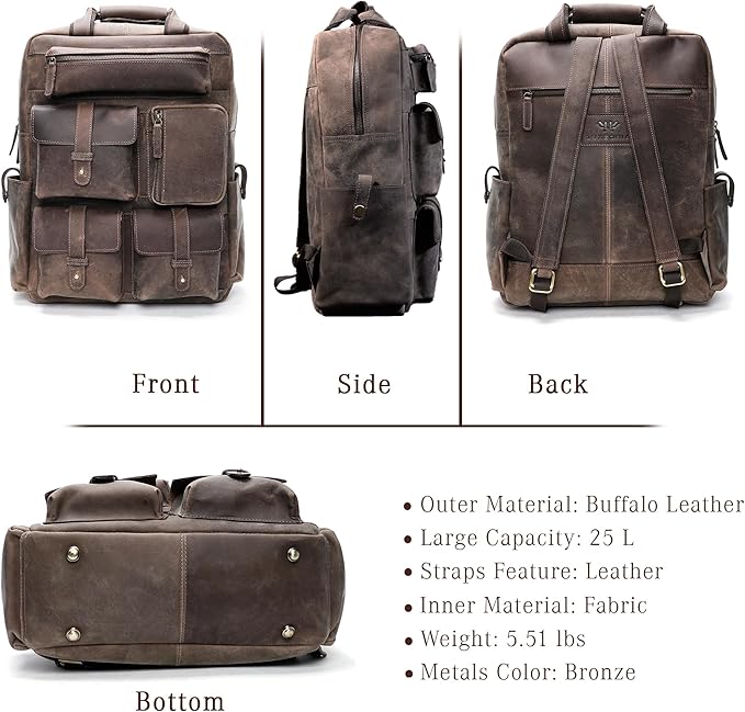 Handmade Leather Backpack for Men and Women, 15.6 Inch Laptop Bag, Genuine Leather Casual Daypack, For College & Office, Travel or Hiking - Retro Hunter Brown