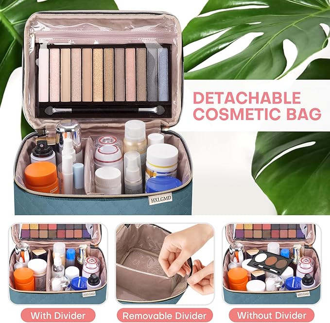Large Makeup Bag with Mirror Double Layer Travel Make Up Organizer Case, Large Capacity Coemetic with Brush Slot Divider, Travel Toiletry Bag for Women (Lake Blue)