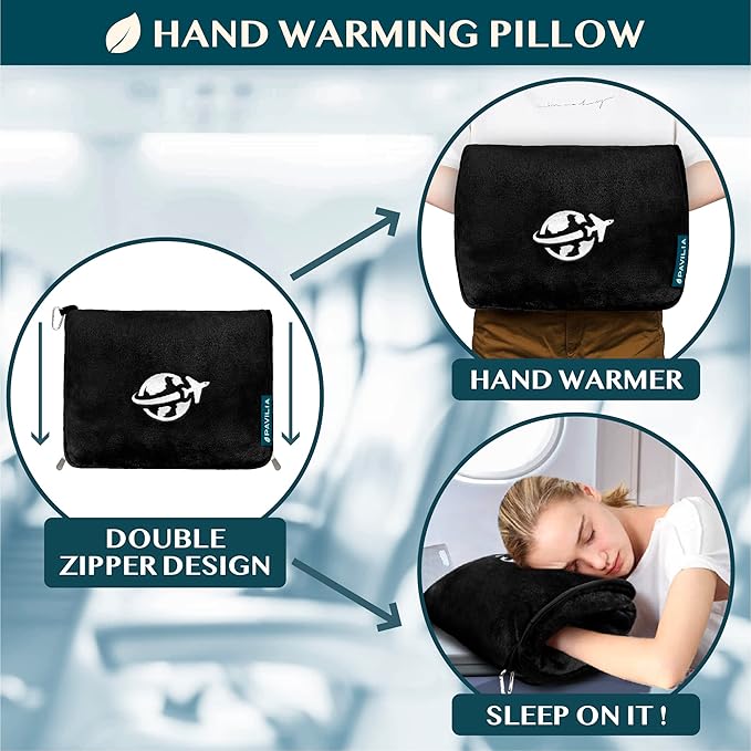 PAVILIA Travel Blanket and Pillow, Arms Opening Airplane Blankets for Adults, Compact Plane Blanket with Arm Hole 2-in-1 Bag for Flight Car Camping Fit in Luggage Backpack Traveler Gift, Black