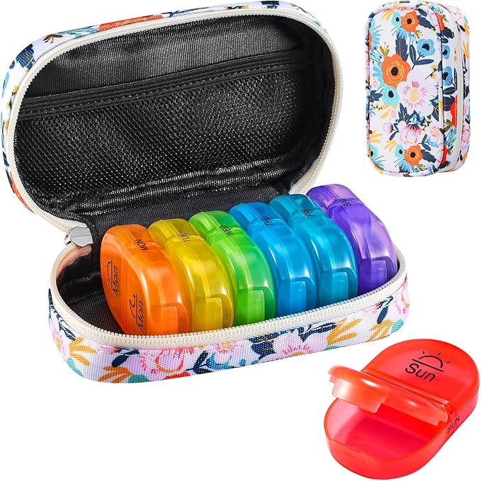 Serfeymi Weekly Travel Pill Organizer 2 Times A Day AM PM Upgraded Rainbow Pill Box 7 Day with Portable Zipper Canvas Pill Case, Medicine Organizer for Pills, Vitamins, Fish Oils - Bloom 01