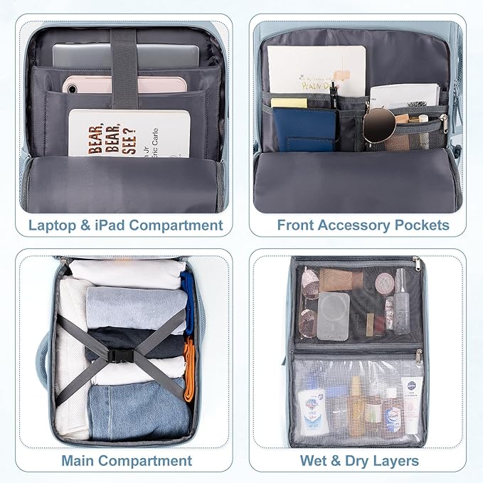 Travel Backpack, Carry on Flight Approved Backpack with Multi-Pockets, TSA Waterproof 17.3inch Laptop Backpack, Personal Item Travel Bag for Men Women, Light Blue
