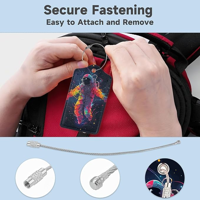 Set of 2 Luggage Tags for Suitcases, Leather Astronauts in Space Baggage Tags with Stainless Steel Loop, Privacy Name ID Card Cover Kawaii Travel Labels for Women Men Kids Girls