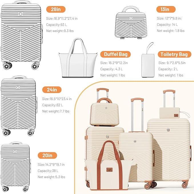 Hoteel 6 Piece Luggage Set (4-YEAR WARRANTY) with Spinner Wheels & TSA Lock, Carry on Luggage Hardshell ABS+PC, Travel Collection Suitcases Sets, Beige(13/20/24/28",Travel Bag,Cosmetic Bag)