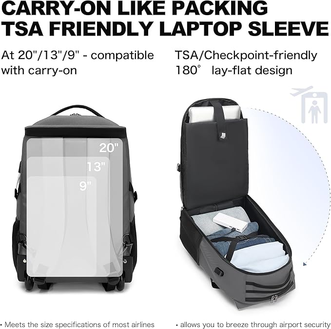 Boavan Rolling Backpack,17 inch Water Resistant Wheeled Backpack,Carry on Luggage Business Bag, Overnight College Computer bag Trolley Suitcase for Men Women Adults to Travel，Grey